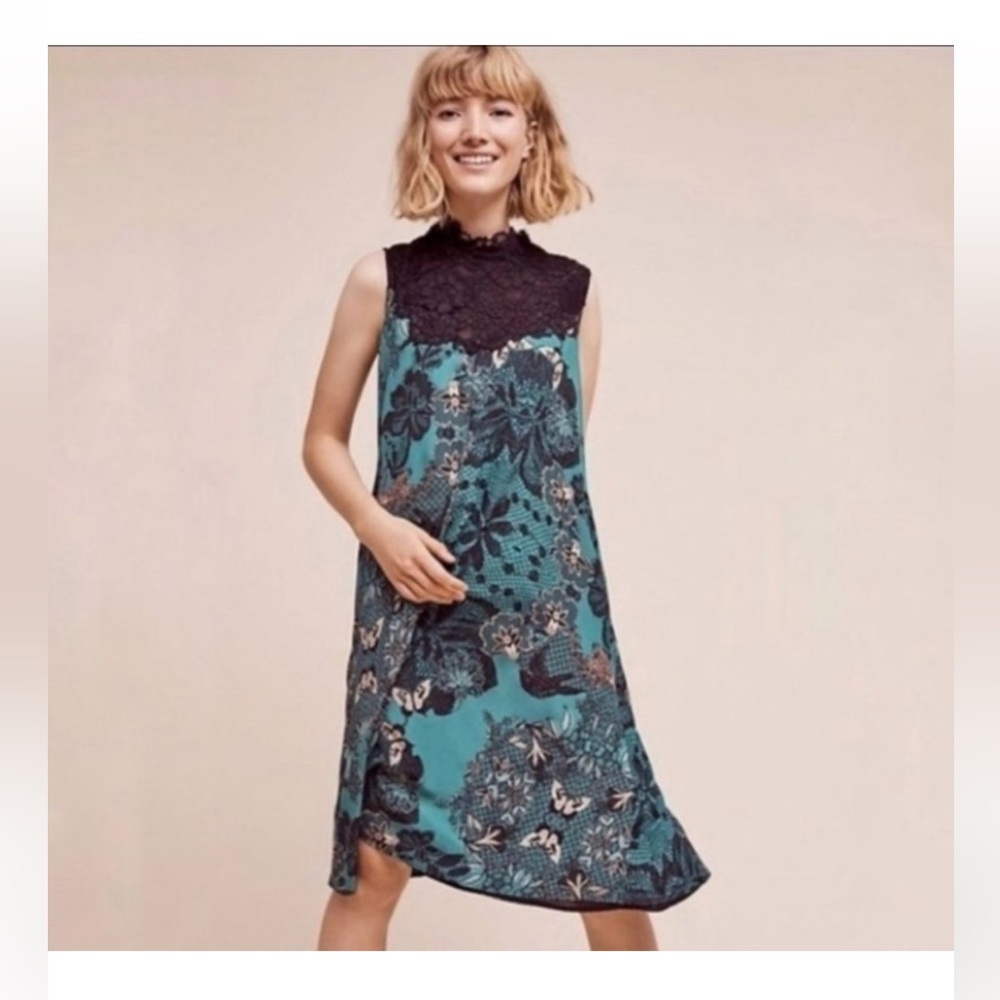 Maeve Teal and Black Lace Midi Dress